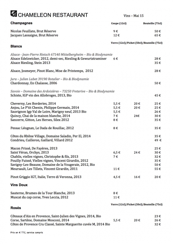 Carte des Vins Mai 2015, Chameleon Restaurant, Blancs, Champagnes, Rosés